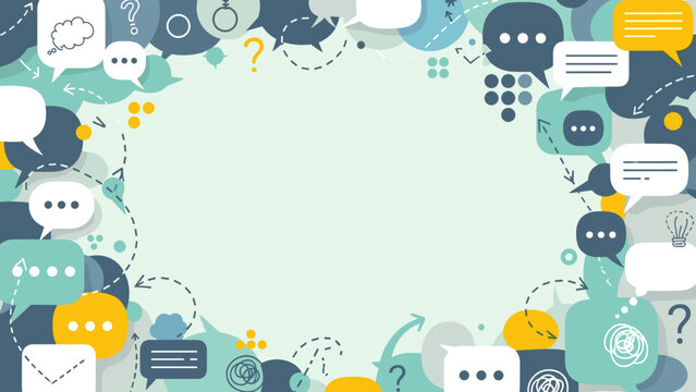 Colorful chat and communication icons border with question marks and speech bubbles on light green background