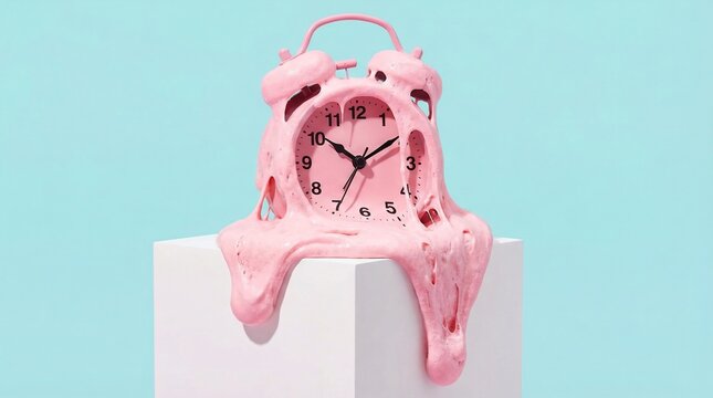 Melting clock concept with dripping pink form on white cube against pastel blue backdrop, digital art, time distortion, surrealism, 3D render, conceptual illustration.