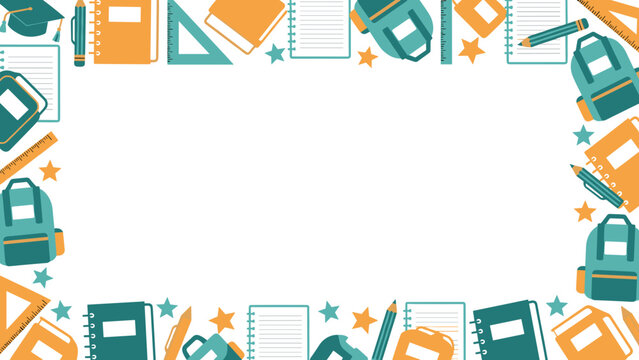 Colorful school supplies border frame with stationery items and icons on for educational or back to school designs