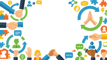 Fototapeta premium Colorful illustration of various communication and teamwork icons forming a border on a for business or social media concepts