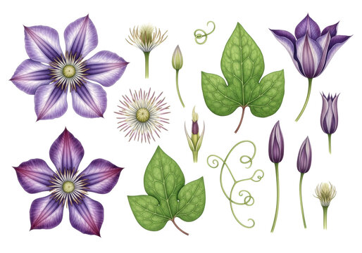 detailed watercolor illustration of clematis blossoms and leaves, isolated and scientifically arranged flat lay on a stark white background with high-key light, concept of classic botanical taxonomy