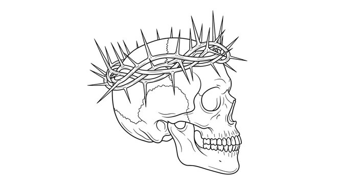 A line drawing of a human skull wearing a crown of thorns on its head in profile to the right