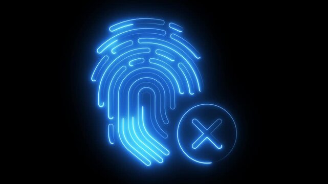 Neon fingerprint icon with cross sig.Biometric security video background featuring a glowing neon fingerprint icon. Abstract technological fingerprint animation on a sleek black backdrop