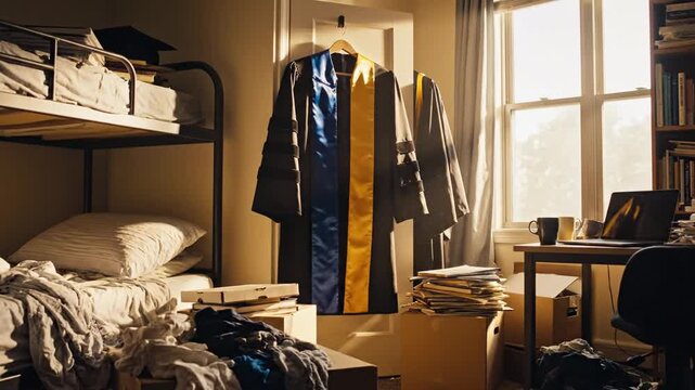College student dorm room with graduation gown on hanger.