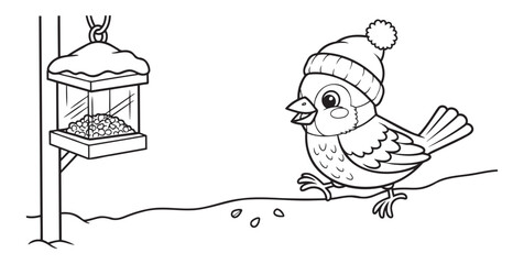 Cartoon bird wearing hat next to bird feeder in winter scene  