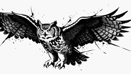 Naklejka premium dynamic black and white great horned owl flying illustration powerful wings outstretched artistic ink splatter style symbolizing wisdom.