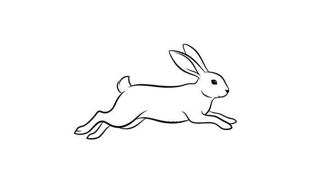 A black line drawing of a rabbit running to the right on a with its ears up