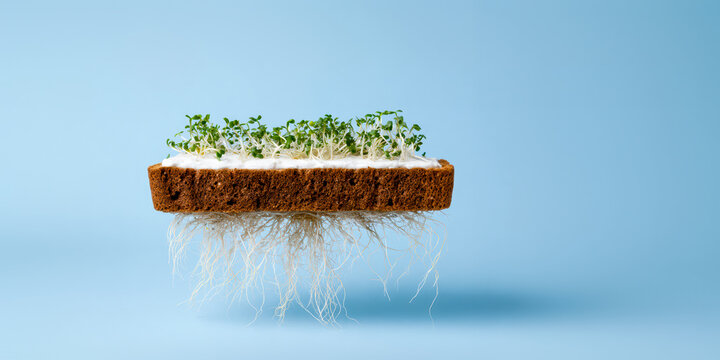 Suspended green shoot contrasted background. Floating microplant amid tangled root system