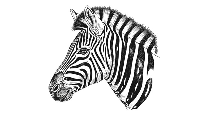 Black and white illustration of a zebra head with detailed stripes and mane