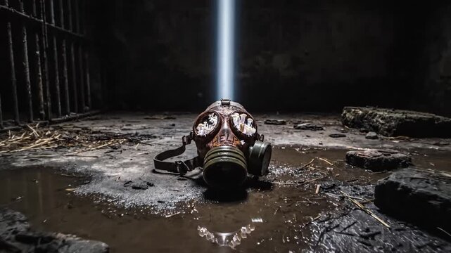 Astronaut lying in muddy puddle with light beam on helmet.