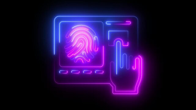 neon glowing Fingerprint QR code scanner animated. finger print fingerprint lock secure security. Handprint icon animation.4k video.