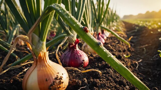 Fresh organic onions growing in a field at sunrise, close-up view