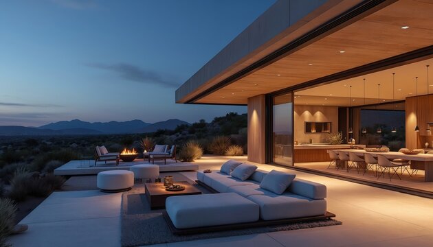 Modern desert home terrace at dusk offers luxury seating around fire pit and dining area inside. Open plan living space with minimalist furniture connects to outdoor patio with desert mountain view.
