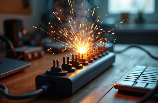 Electrical surge protector sparks from overloaded outlet. Danger concept of short circuit and fire hazard from faulty wiring or old equipment. Home safety risk.