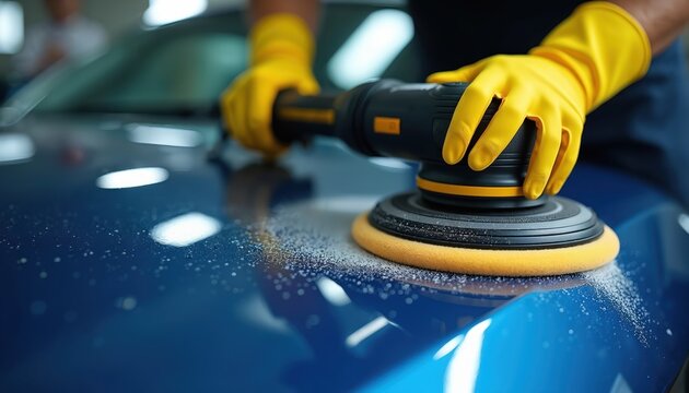 Person polishes car hood with orbital buffer machine. Yellow gloved hands work on blue auto paint for shine. Professional auto detailing service for vehicle restoration.