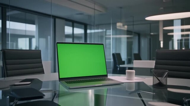 A green screen laptop on a glass conference table surrounded by black office chairs in a modern meeting room with gray tones. Perfect for presentations, corporate videos, and business