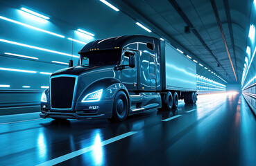 Fototapeta premium Sleek future truck moves through neon tunnel at night. Futuristic electric transport concept. Clean energy auto logistics, eco freight journey.