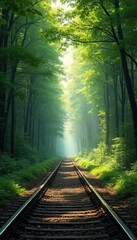 Fototapeta premium Train tracks lead into dense green forest canopy creating tunnel effect. Sunlight filters through rich trees illuminating path forward. Empty scenic railroad track journeys into distance.