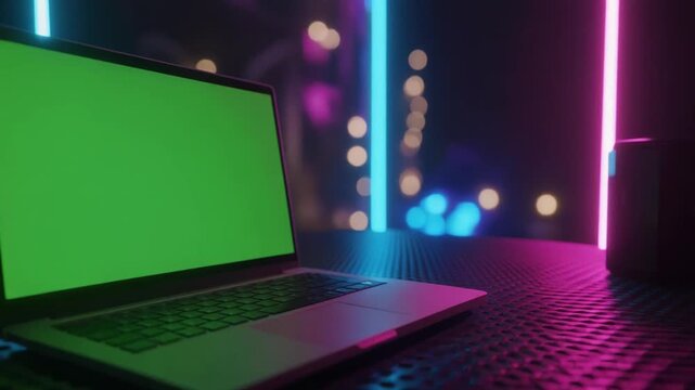A silver laptop with a green screen on a textured surface, surrounded by neon lights and bokeh in a dark room. Perfect for tech presentations, product demos, and software tutorials.