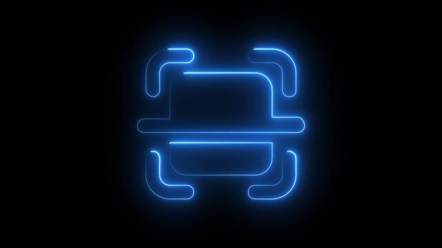 A neon line scanner icon displays a glowing, sleek representation of a barcode or QR code scanner, with light beams. glowing fingerprint scanning icon