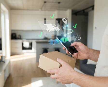 Delivery tracking concept with person holding package and smartphone showing logistics icons