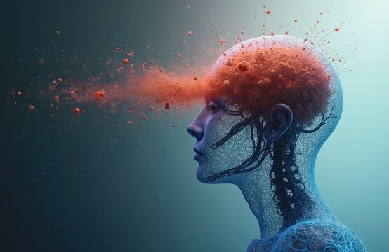 Abstract human head profile shows exploding brain with particles. Blue translucent body depicts neural network, nerve cells with red matter emanating outwards.