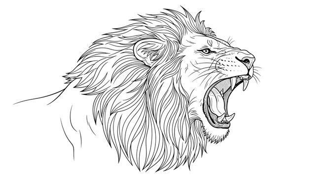 A black and white illustration of a roaring lions head with a fierce expression