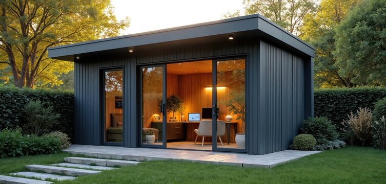 Modern garden office pod with stylish interior. Small structure offers functional workspace for remote business or personal use. It provides quiet, comfortable area for concentration, creative tasks.