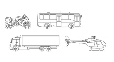 Vector illustration of various transportation vehicles including a motorcycle, bus, truck, and helicopter
