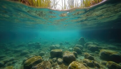 Split view above and below water surface. Underwater rocky riverbed with clear turquoise water, green reeds grow on bank. Small fish swim in clear cool water.