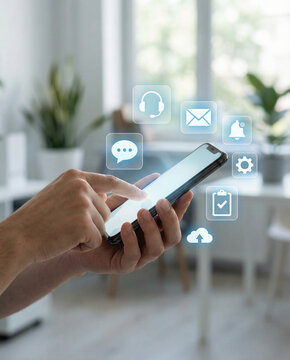 Person using a mobile phone with floating digital service icons representing omnichannel communication and business management. This high-tech concept illustrates customer support, cloud computing