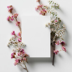 Obraz premium Spring floral mockup with blank vertical card, pink and white blossoms on light background, elegant minimal greeting card template, wedding invitation, feminine design