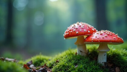 Naklejka premium Two red spotted mushrooms grow on a mossy forest floor. Their white stems and red caps with white flecks are visible. Blurred green background.