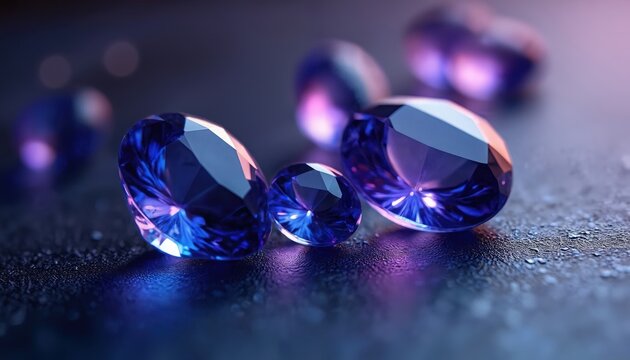 Several faceted tanzanite gems sit on dark surface with water droplets. Violet blue stones sparkle under soft light, reflecting purple pink hues. Luxury jewelry material, precious mineral discovery.