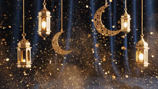 Cinematic 4k lanterns and crescent moons hanging slow motion night decor video footage