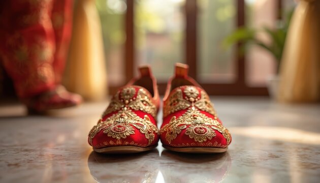 Indian groom wears ornate red and gold embroidered shoes. Festive footwear for a traditional Hindu wedding ceremony. Groom waits for bride, ready for marriage.