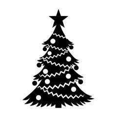 black christmas tree silhouette with star and ornaments isolated on white symbolizing winter holidays festive celebration.