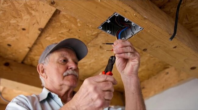An elderly electrician carefully connects stripped wires in a junction box on a wooden ceiling, ensuring safe power installation.4k high quality video