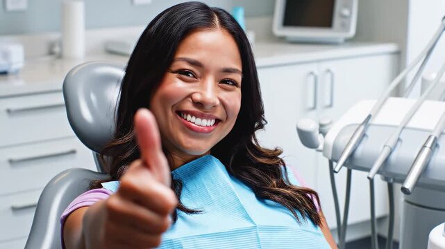 Asian woman gives thumbs up in dental chair. A smiling woman in a dental chair with a blue bib demonstrates satisfaction after treatment clinic with x-ray monitor, cabinets, dental instruments.
