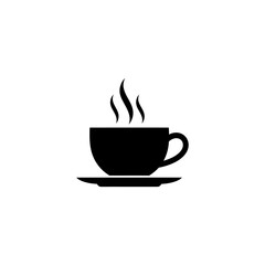 Obraz premium minimalist black steaming coffee cup icon on saucer a graphic illustration representing a warm drink ideal for cafe menus and web design.
