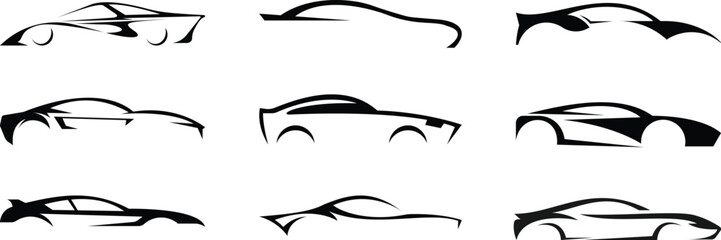 Abstract sports car silhouette logo set – minimalist black vector car side profiles collection on white © FARISTABINTA