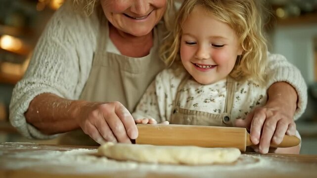 Grandmother and granddaughter roll and knead dough in warm kitchen. Light-filled space with wooden cabinets and baking tools. Concept of family bonding, cooking together, baking fun