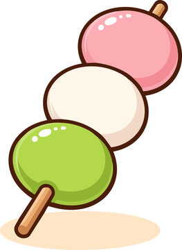 Flat Japanese dango mochi skewer dessert, vector illustration in simple cartoon style isolated on white background.