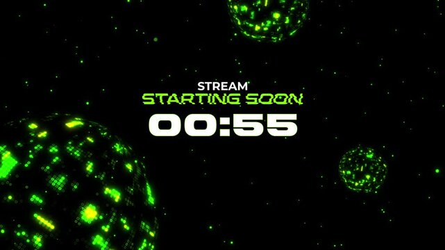 Futuristic Green Sci-Fi Stream Starting Soon Countdown Overlay with Digital Globes