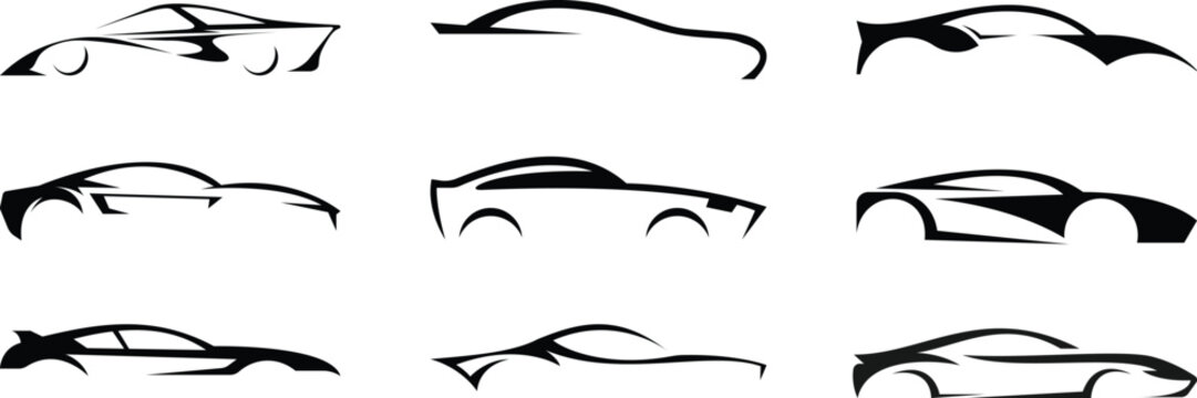 Abstract sports car silhouette logo set &ndash; minimalist black vector car side profiles collection on white