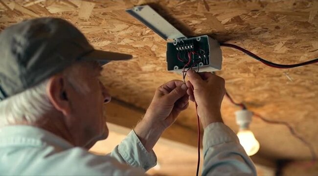 An elderly electrician carefully connects stripped wires in a junction box on a wooden ceiling, ensuring safe power installation.4k high quality video