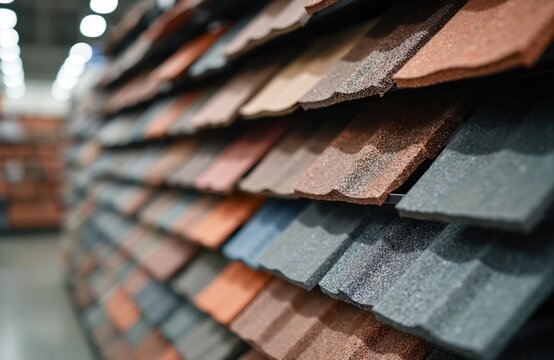 Rows of diverse roofing shingles in various colors and textures are neatly displayed. Material samples offer choices for home construction and exterior design.
