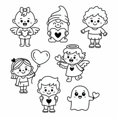 Fototapeta premium A collection of charming cartoon figures, including angels and a ghost.