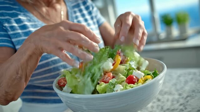 Hands mix fresh salad in large bowl in bright kitchen. Background shows ocean view through window. Concept of healthy eating, meal prep, nutrition