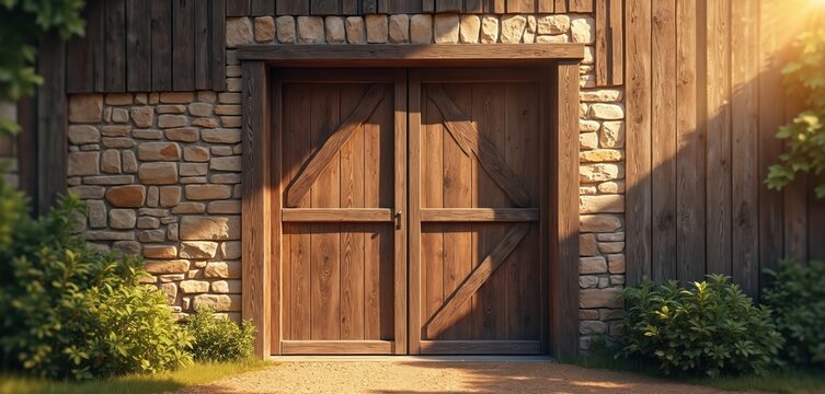 Rustic barn facade features large double wooden doors set in stone, wood wall. Warm sunlight casts shadows on aged planks, surrounding green foliage outside. Rural scene evokes sense of history,